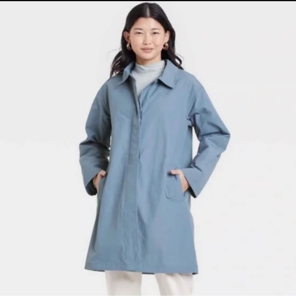 a new day Women’s Blue Raincoat, Spring Trench Coat, Size Large, NWOT